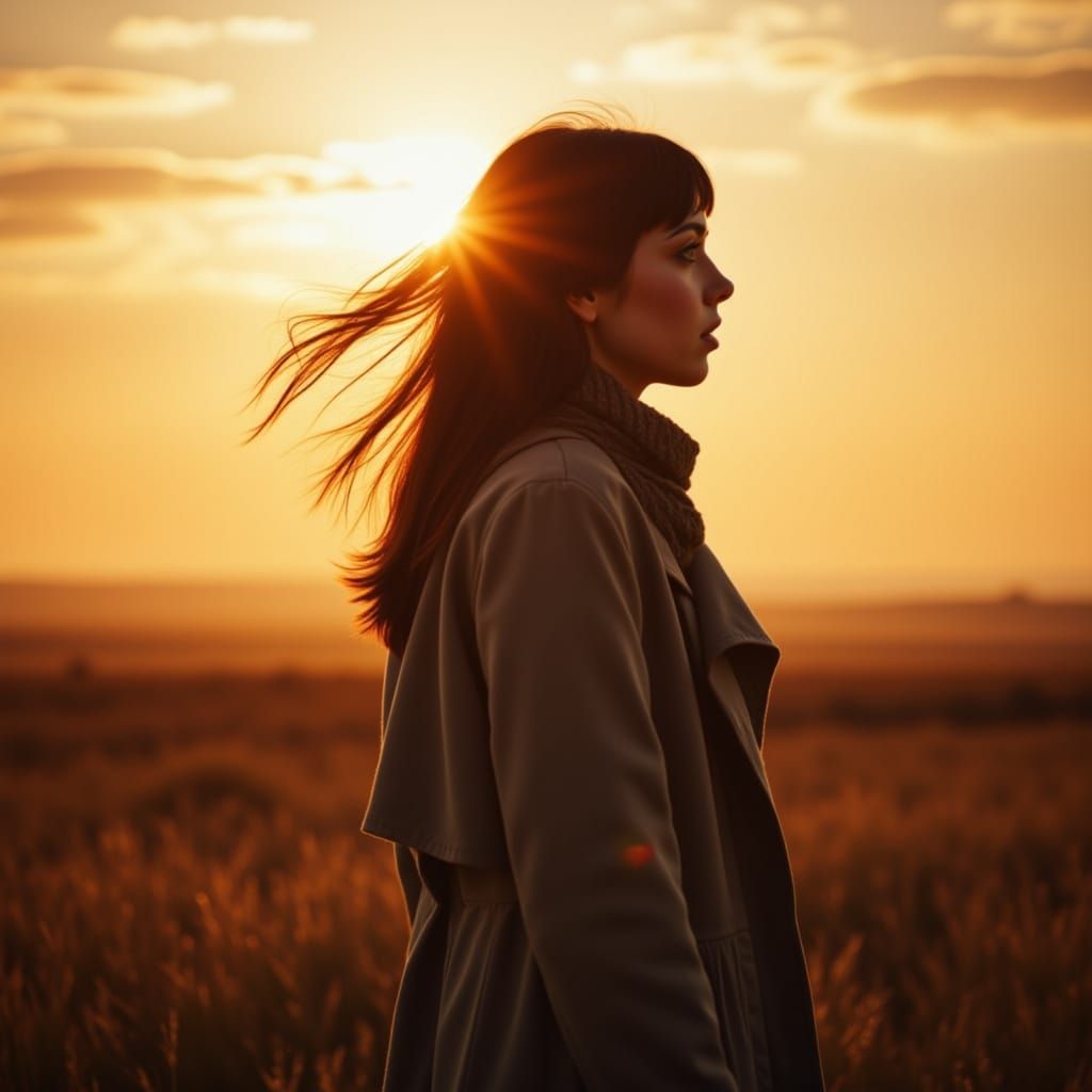 Woman in Trench Coat at Sunrise
