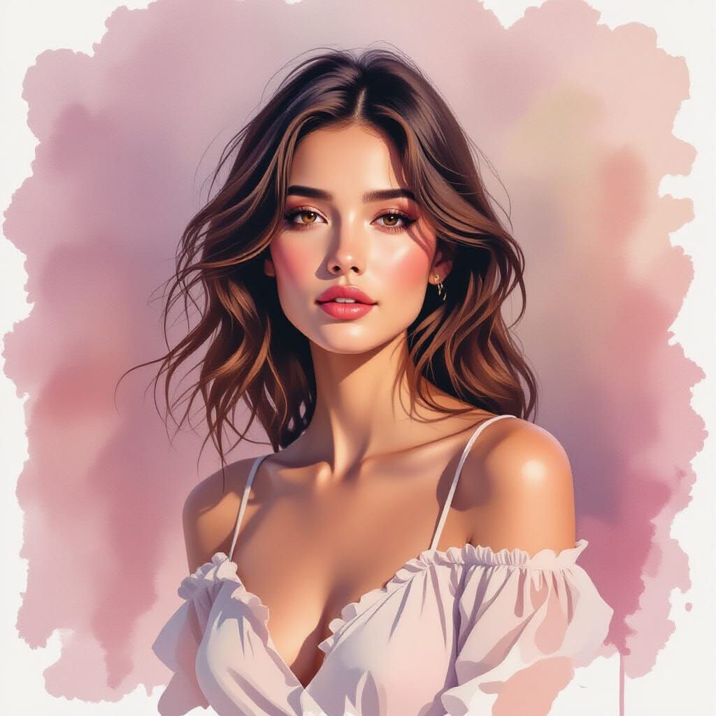 Serene Woman in Watercolor Portrait with Luminous Washes