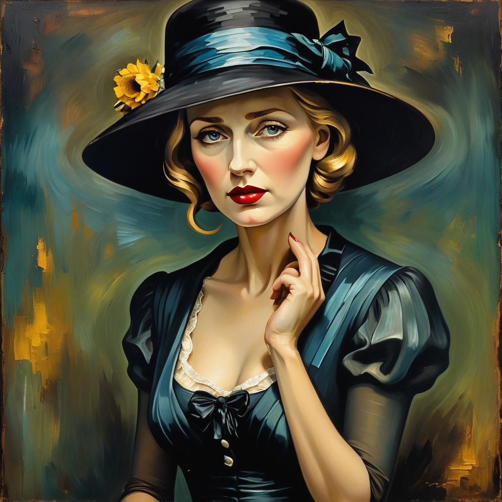 Melancholy 1930s Woman with Tears, Impasto Oil Painting