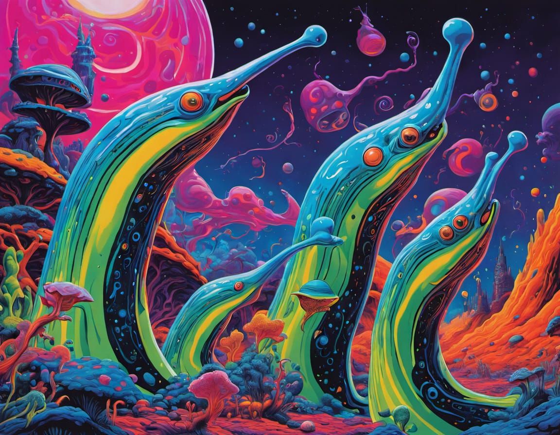 Cybernetic Slugs in a Dazzling Psychedelic Landscape