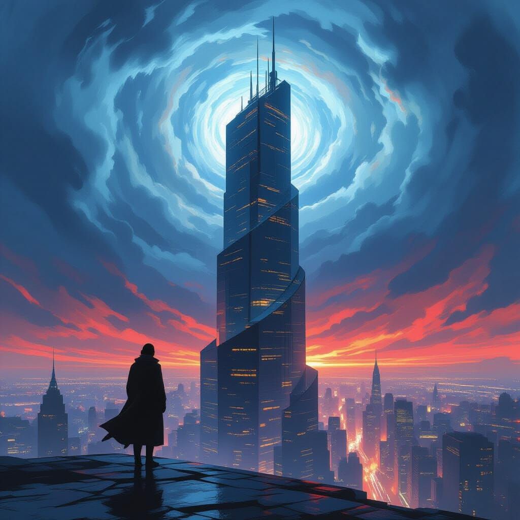 Distorted Skyscraper With Figure in Dreamlike Style