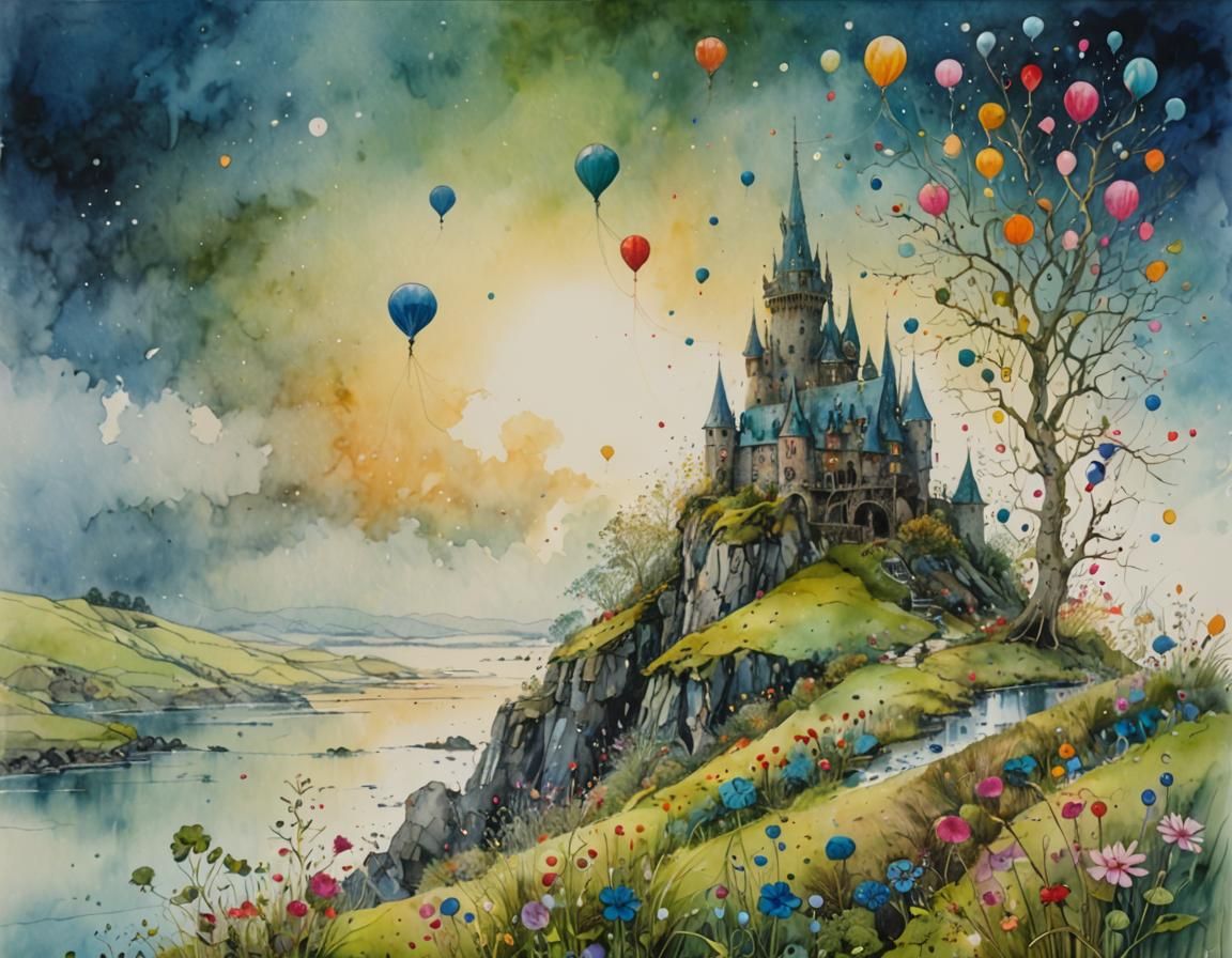 Ethereal Eyrie Castle: Fantasy Art in Watercolor