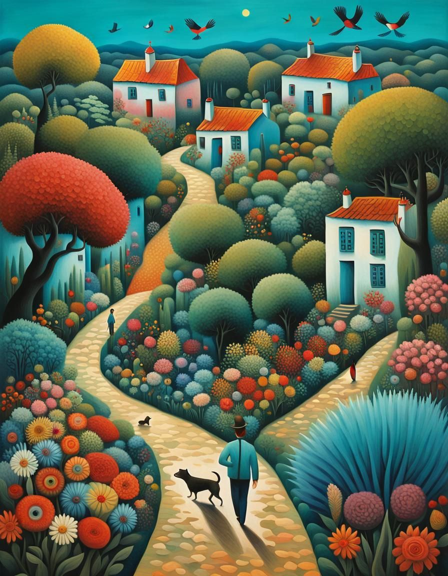 Whimsical Village Scene in Naive Art Style