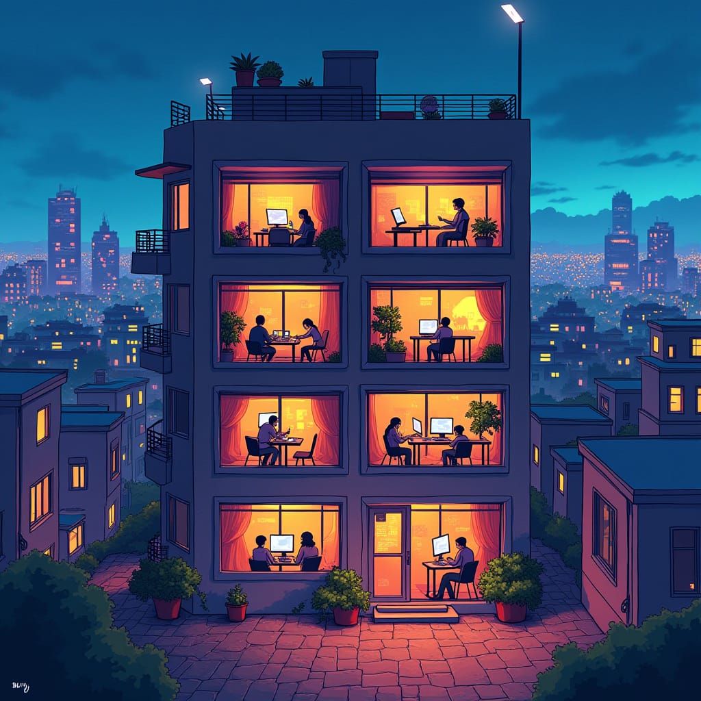 Neon Cityscape Apartment Building at Dusk in Anime Style