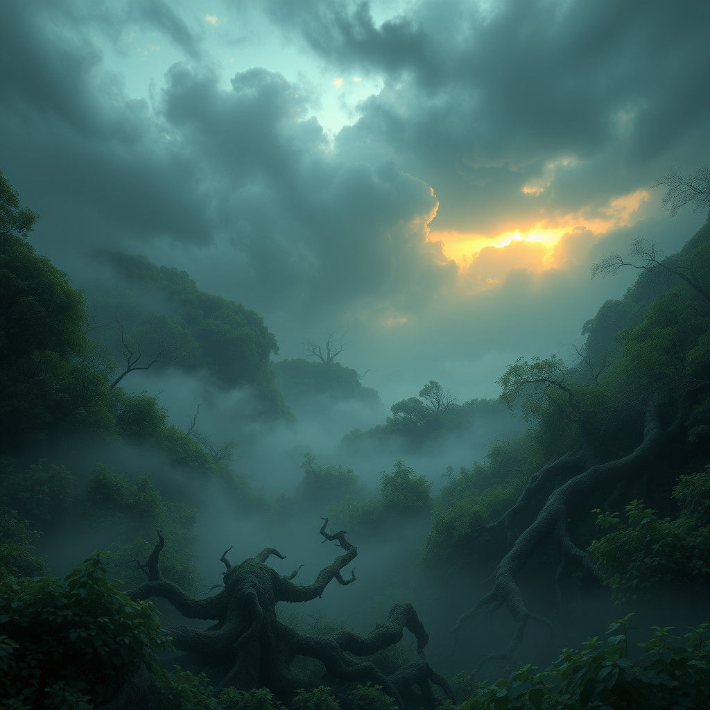 Ethereal Mystical Landscape with Glowing Mist in 8k