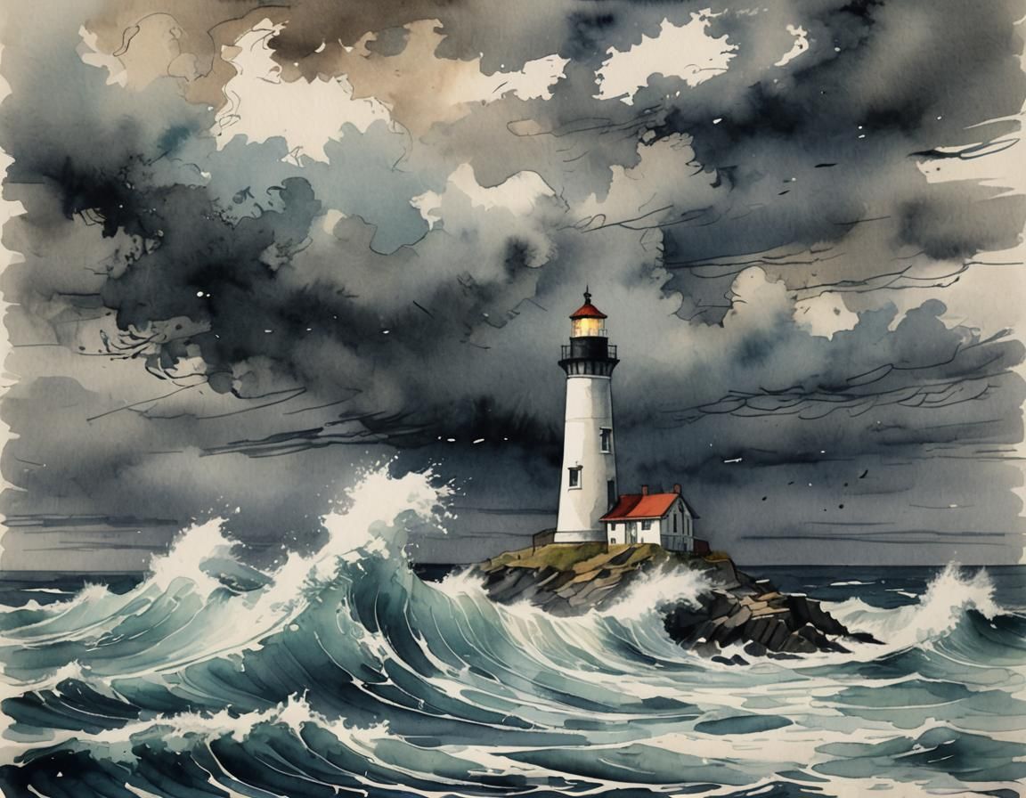 Lighthouse in Stormy Sea: Neo-Romantic Watercolor Art