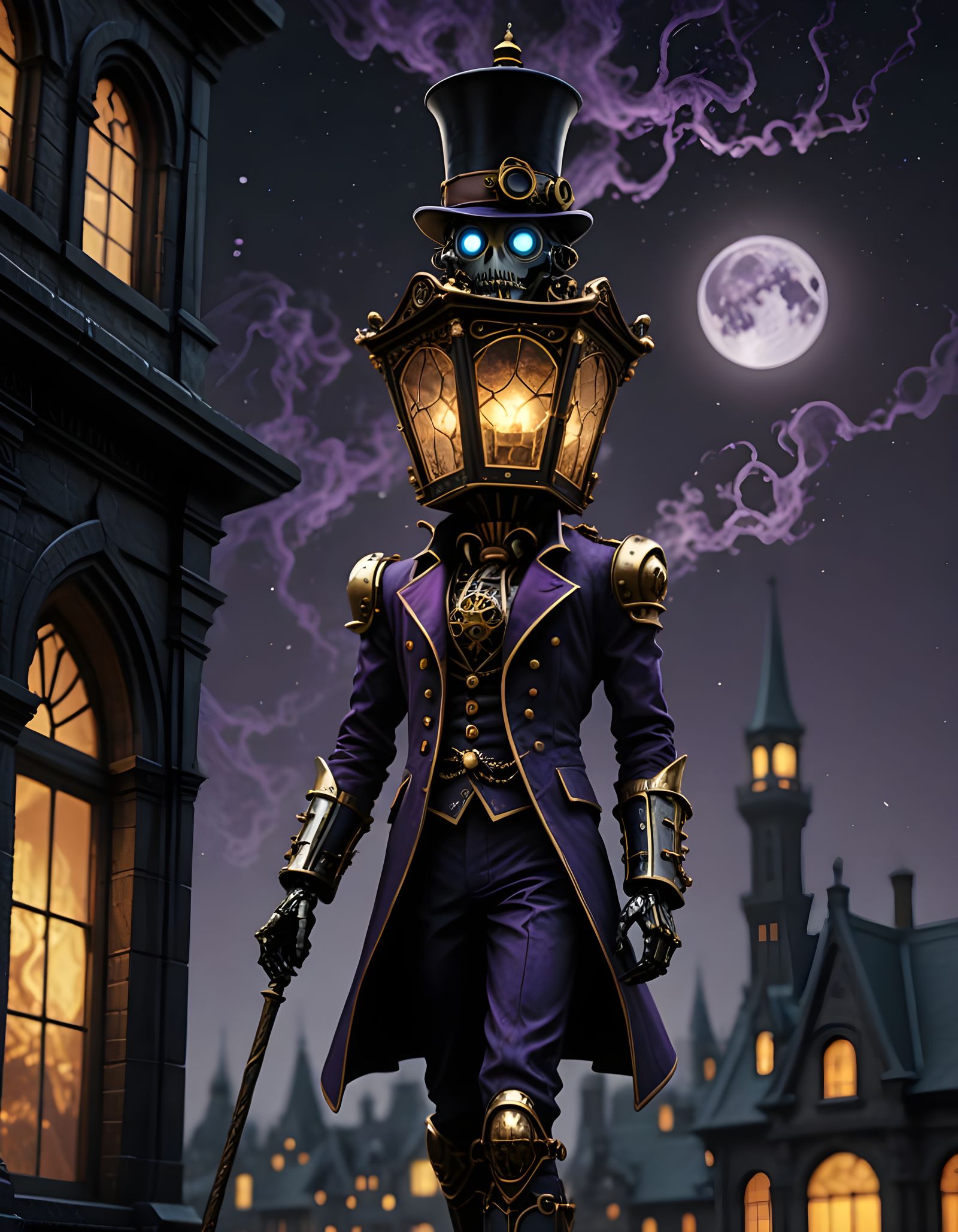 Steampunk Robot Lamp Lighter in Gothic London Night