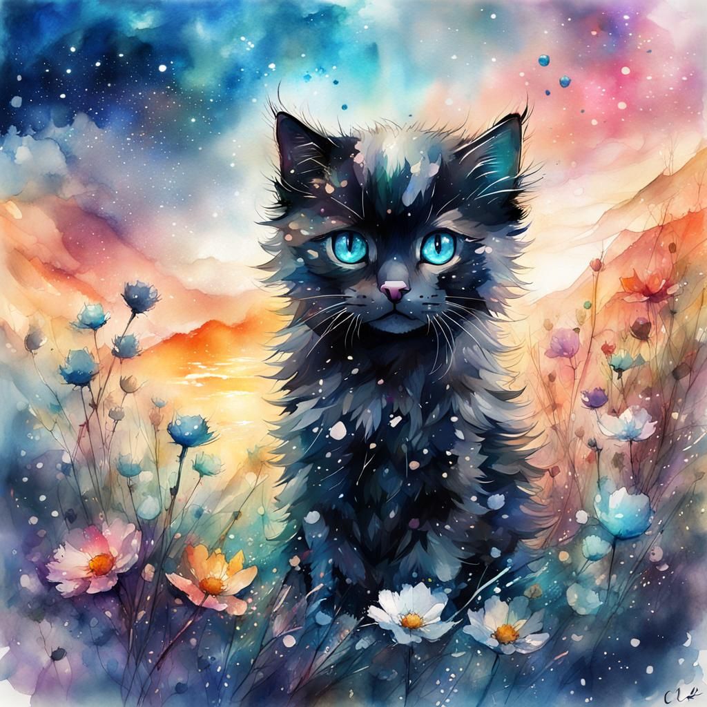 Chibi Kitten in Galaxy: Watercolor Digital Art
