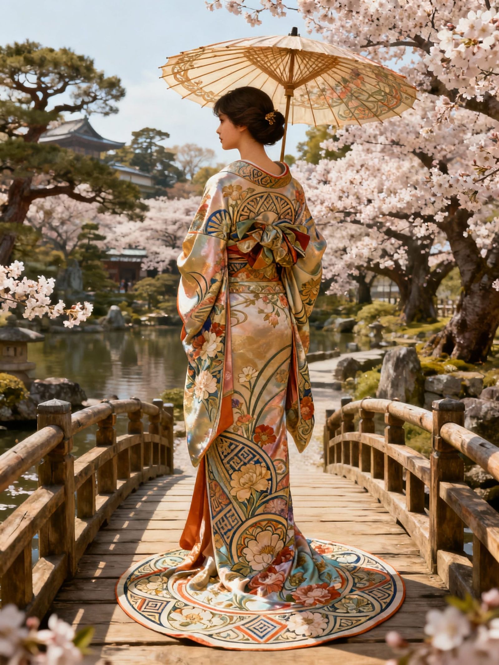 Charming Woman in Elaborate Kimono on Japanese Bridge