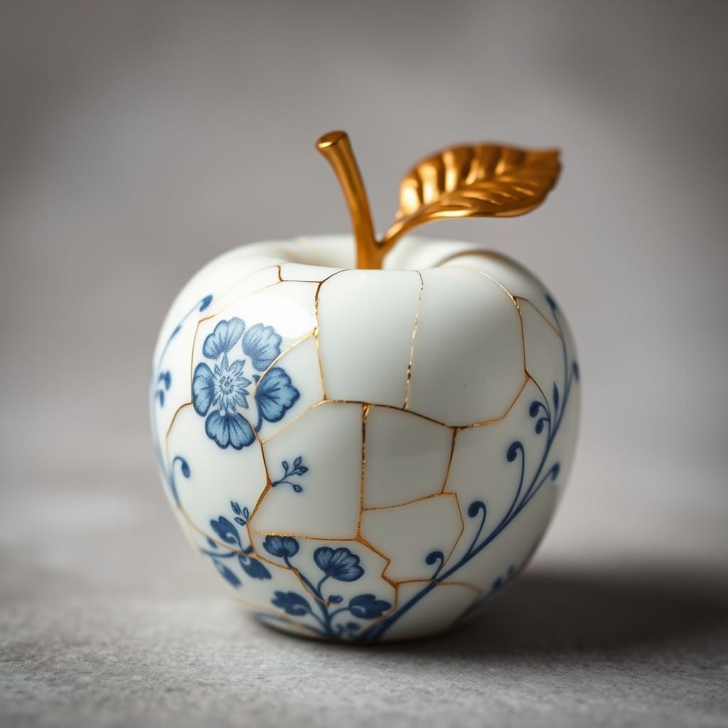 Kintsugi Porcelain Apple in Blue and Gold
