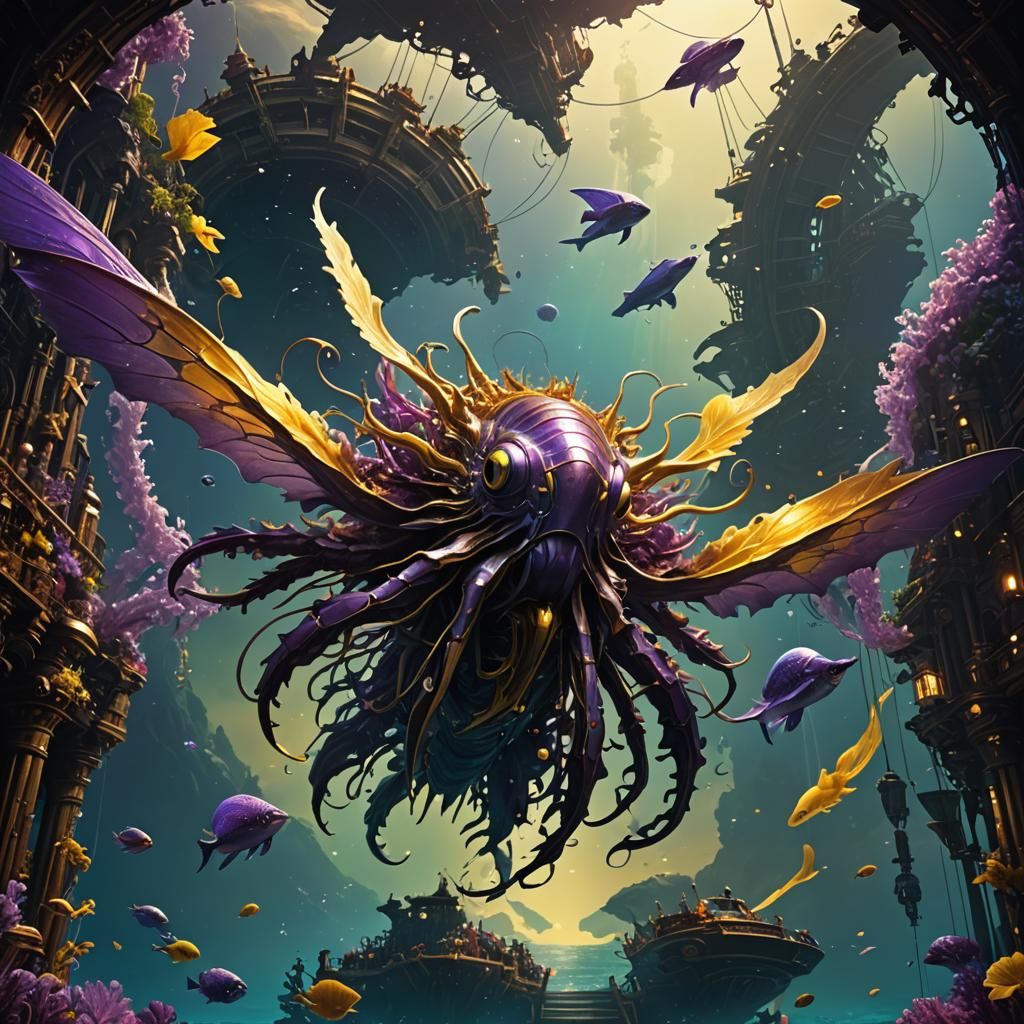 Deep Sea Creature's Flying Dream: Dark Fantasy Art