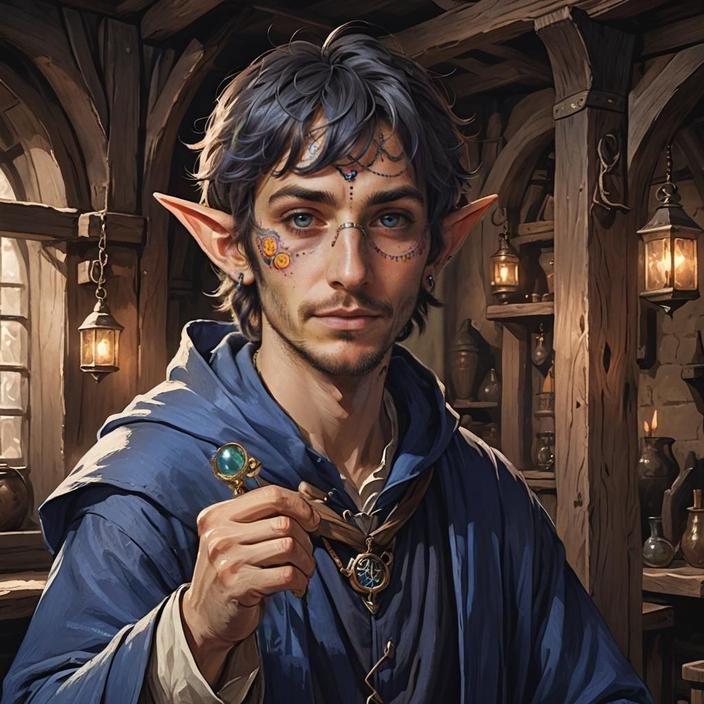 Young Half-Elf Wizard Portrait in Dark Tavern