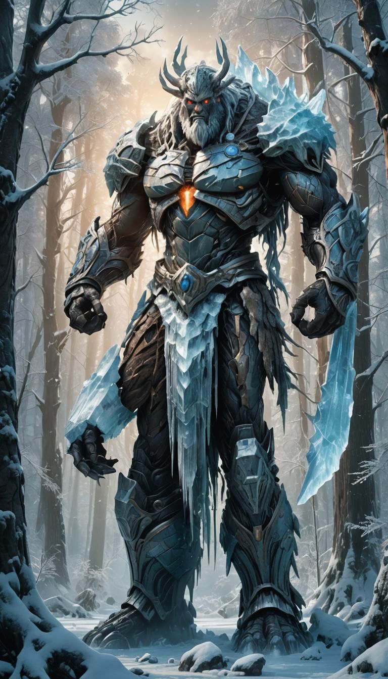 Ice Giant Titan in Frozen Forest: Fantasy Art