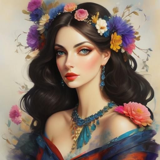 Dark-Haired Woman with Flowers and Jewelry