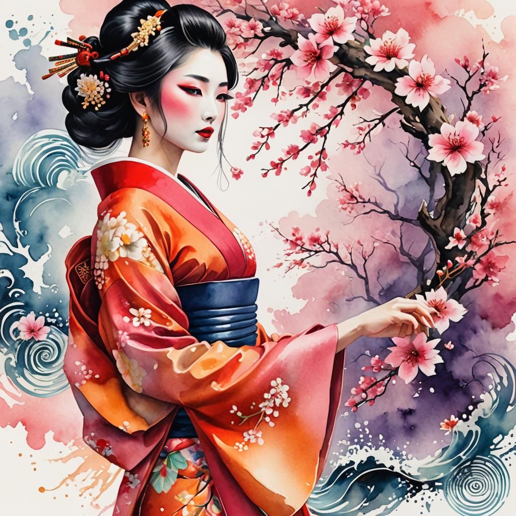 Beautiful Geisha with Sakura in Watercolor Style