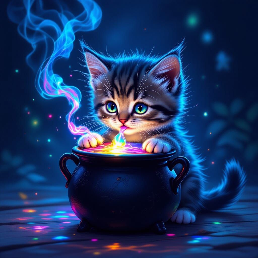 Cute Kitten Drinks Glowing Potion in Black Cauldron