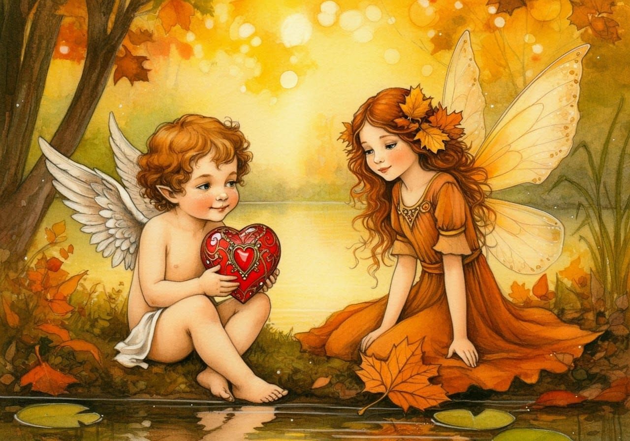 Cupid and Autumn Fairy by Lake in Mixed Media