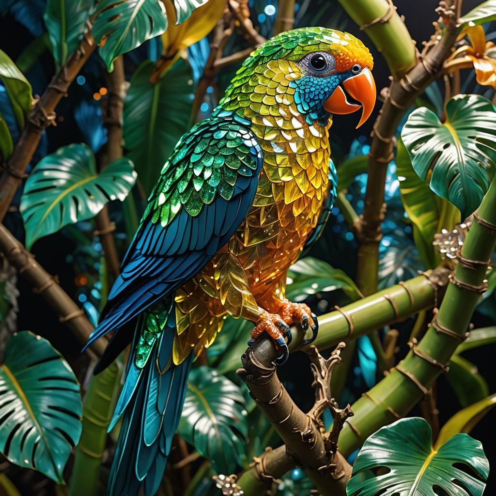 Crystal Parrot on Banana Tree, Bioluminescent Detail