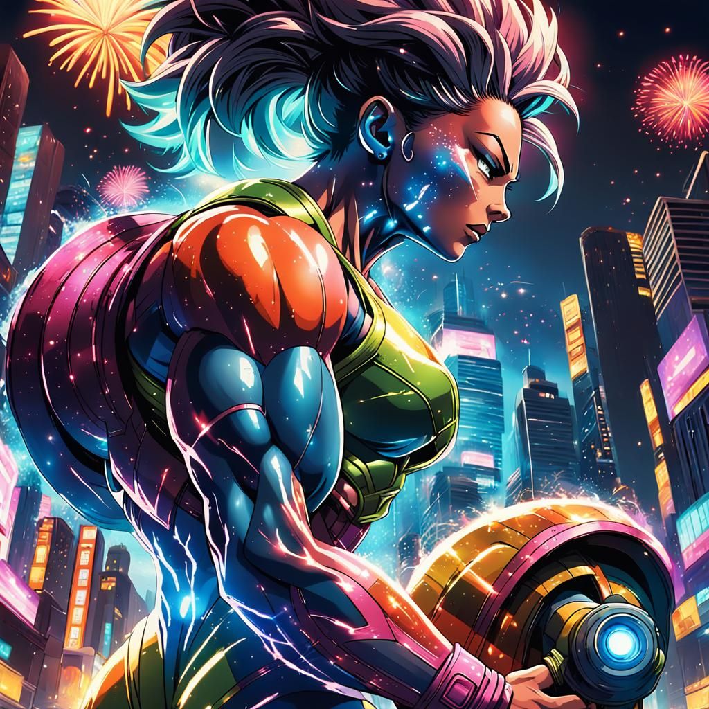 Spunky Super Saiyan Woman in Retrofuturistic Metropolis