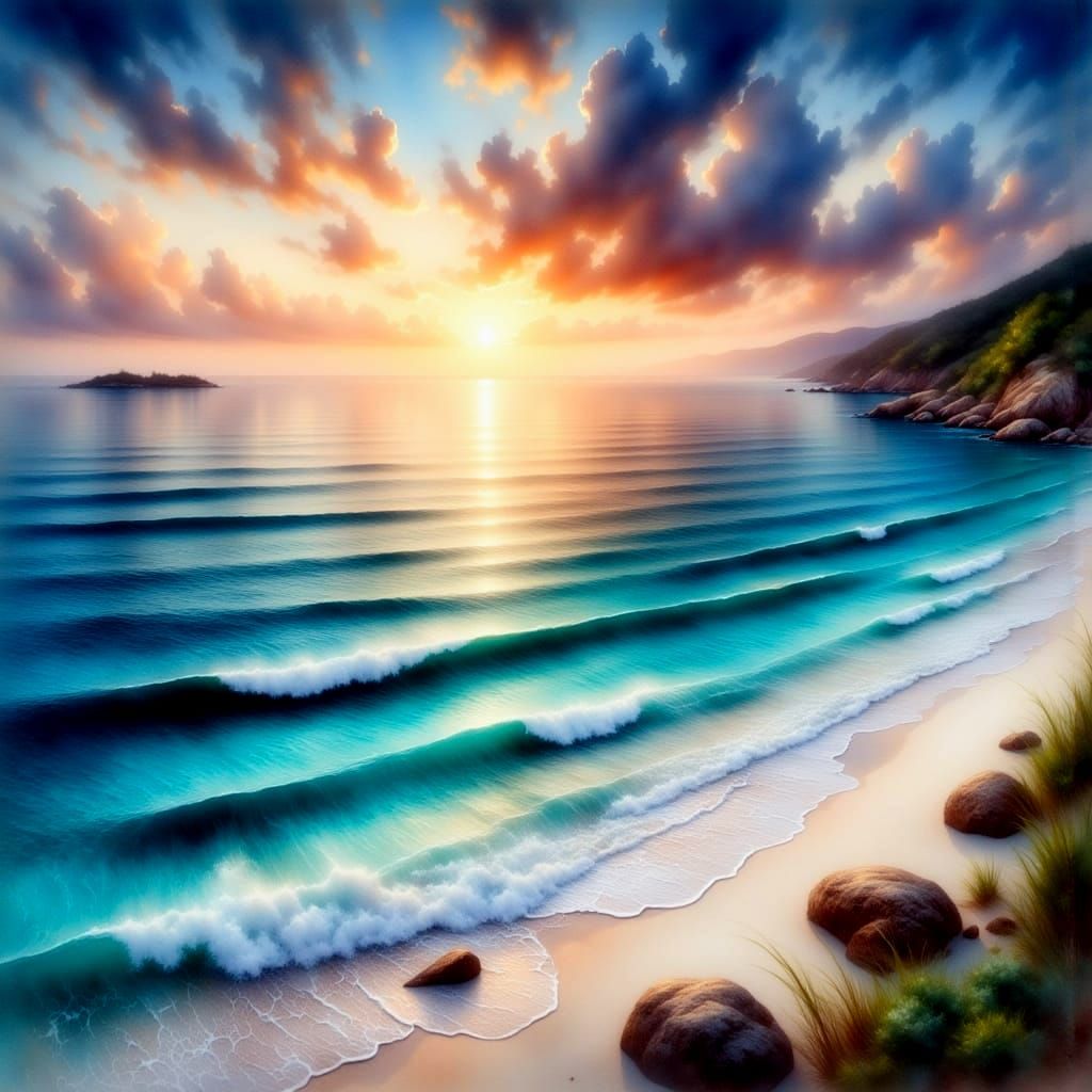 Breathtaking Ocean Sunset in Antique Watercolor Style