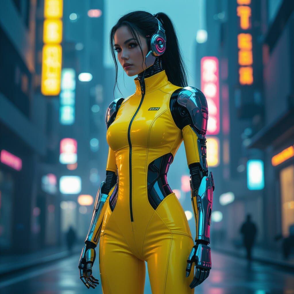 Cyborg in Yellow Jumpsuit in Cyberpunk Style