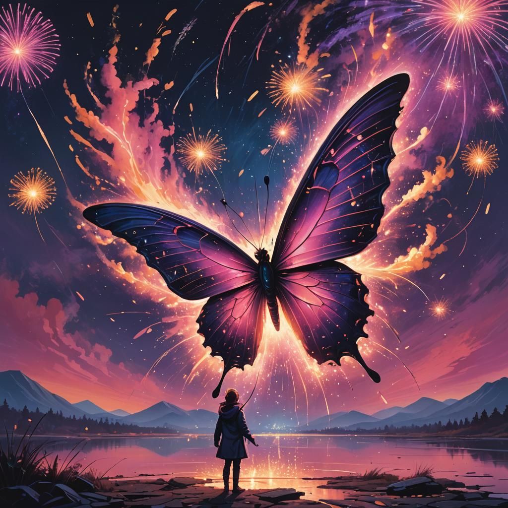 Pink Fireworks Butterfly in Detailed Matte Painting Style