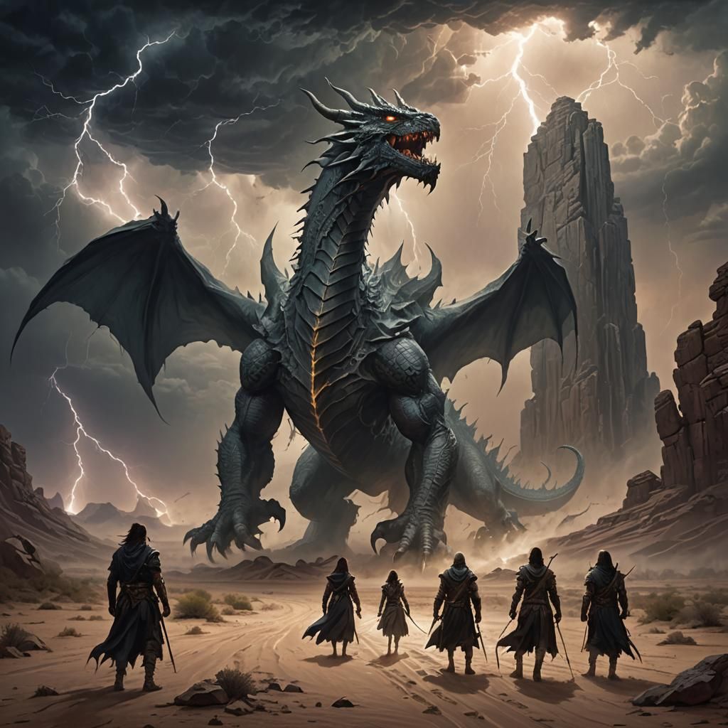 Travelers Face Dragon in Desert Temple Ruins