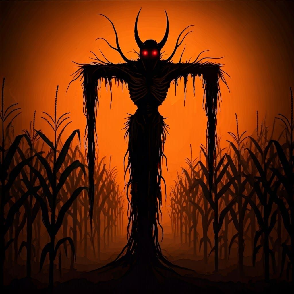 Nightmarish Scarecrow in Haunted Cornfield, Alcohol Ink Art