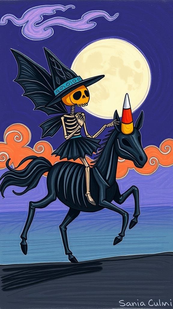 Halloween Fairy Skeleton Rides Unicorn in Naive Illustration