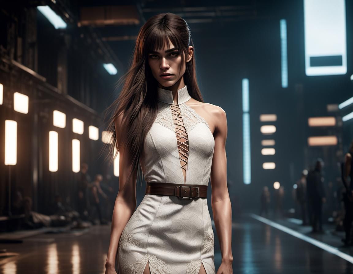 Young girl, tall, thin, athletic, sassy, discontented, looks like Sofia Boutella, sharp thin facial features, brown long...