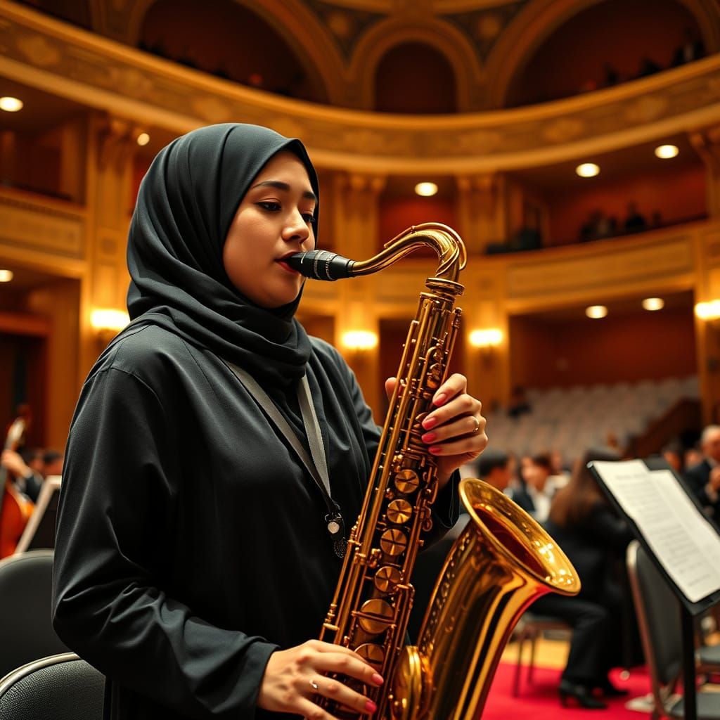 Hijabi Woman Plays Saxophone in Grand Concert Hall