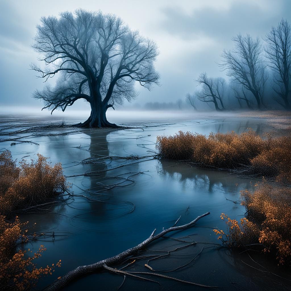 Misty River Mouth Scene in Sinister Style