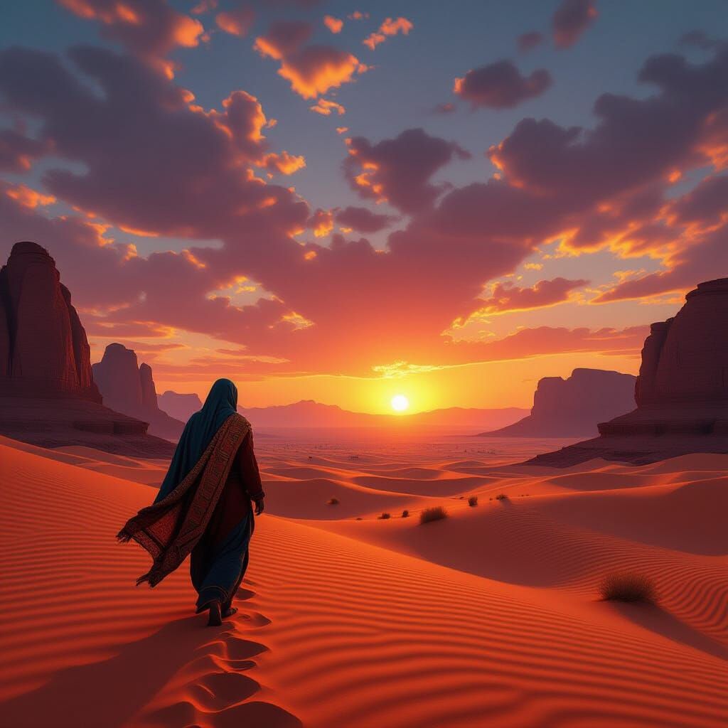 Nomad in Desert Under Impossible Sunset