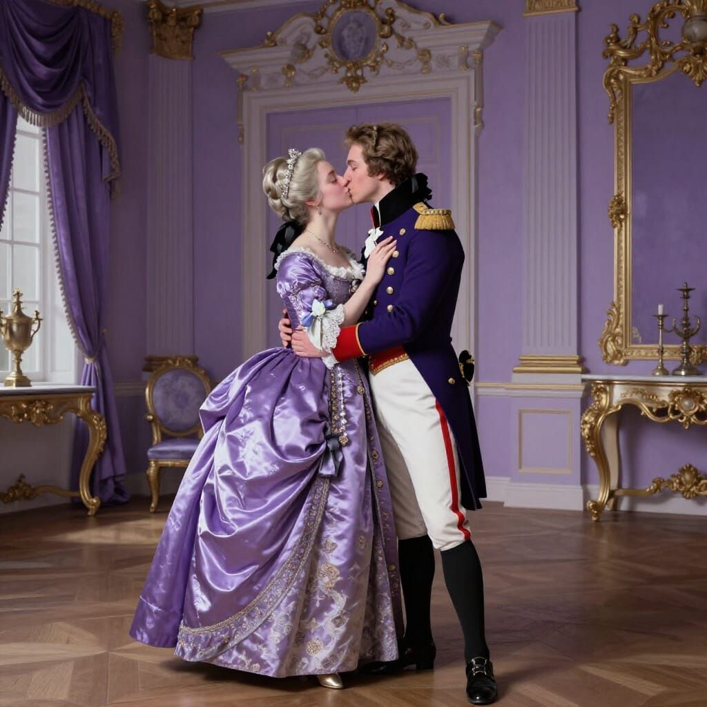 Baroque Romance: Officer Embraces Noble Woman in Violet