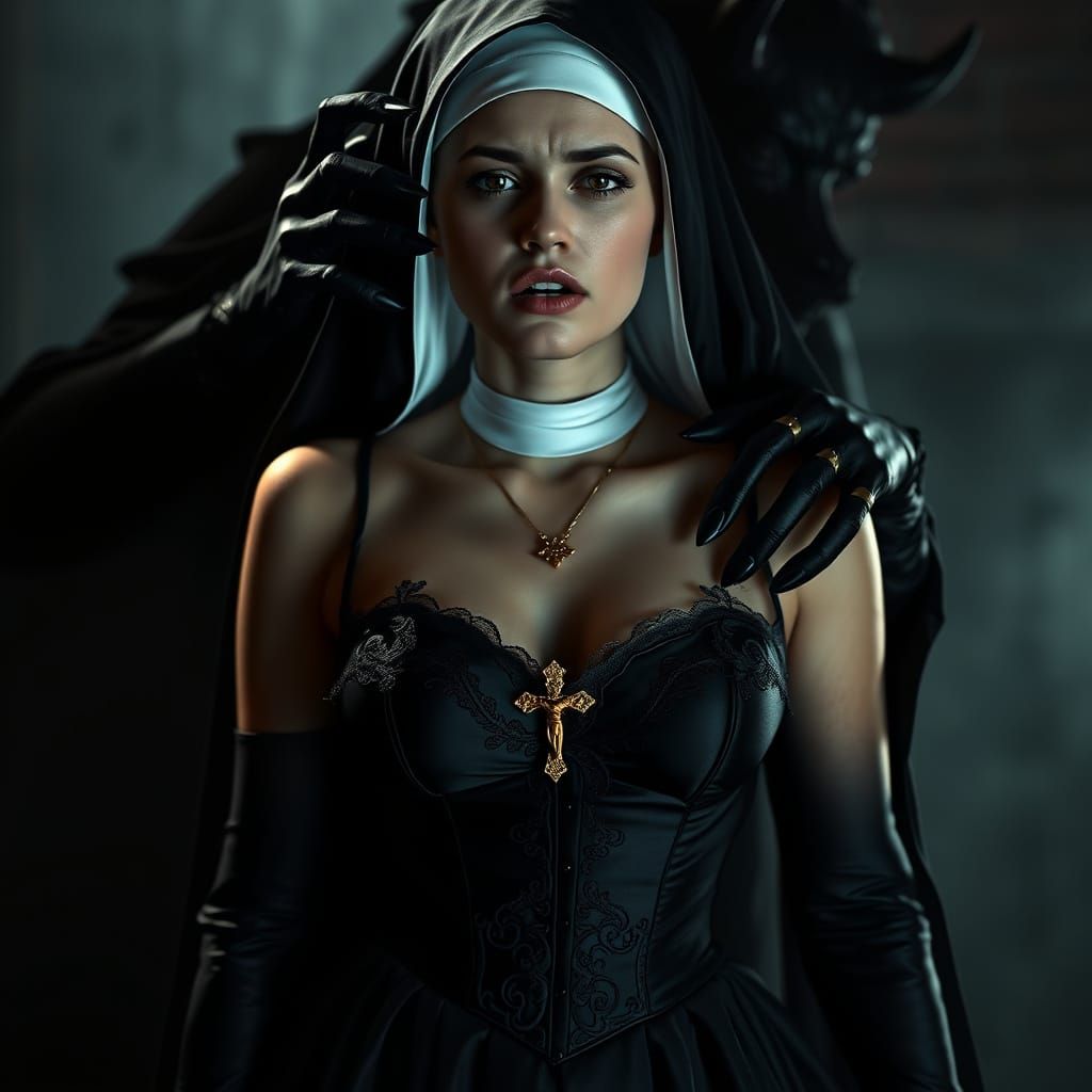 Elegant Nun in Shadowy Peril