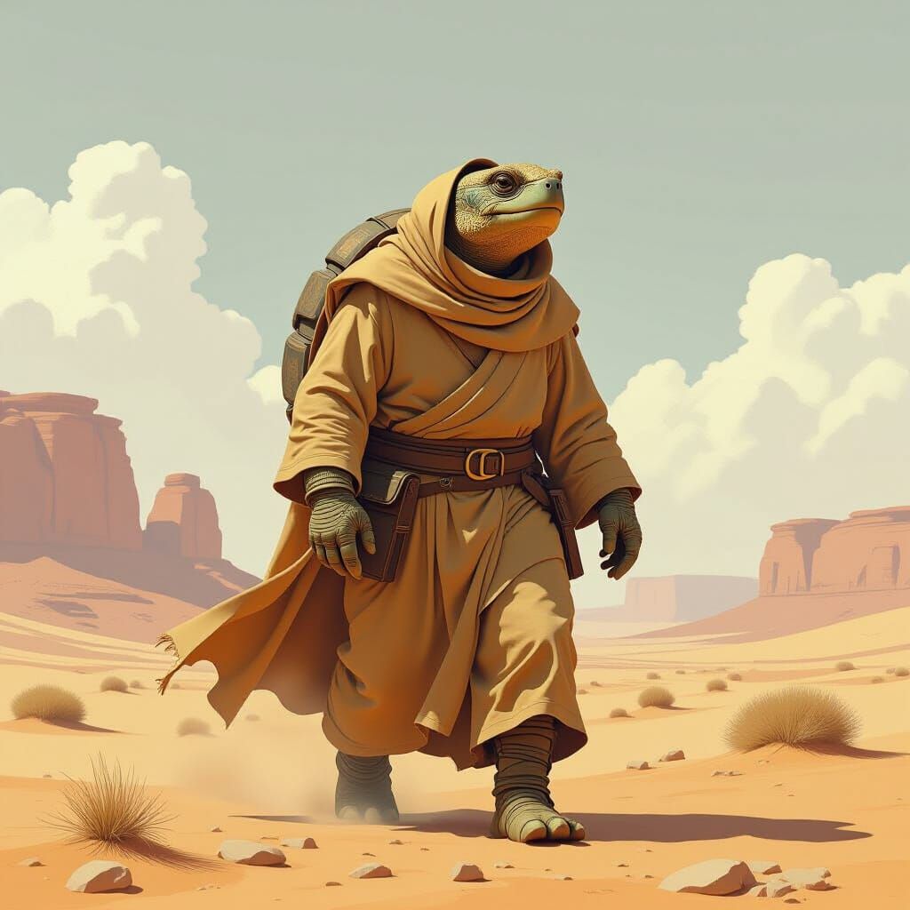 Anthropomorphic Tortoise in Desert Landscape, Hyperrealistic...