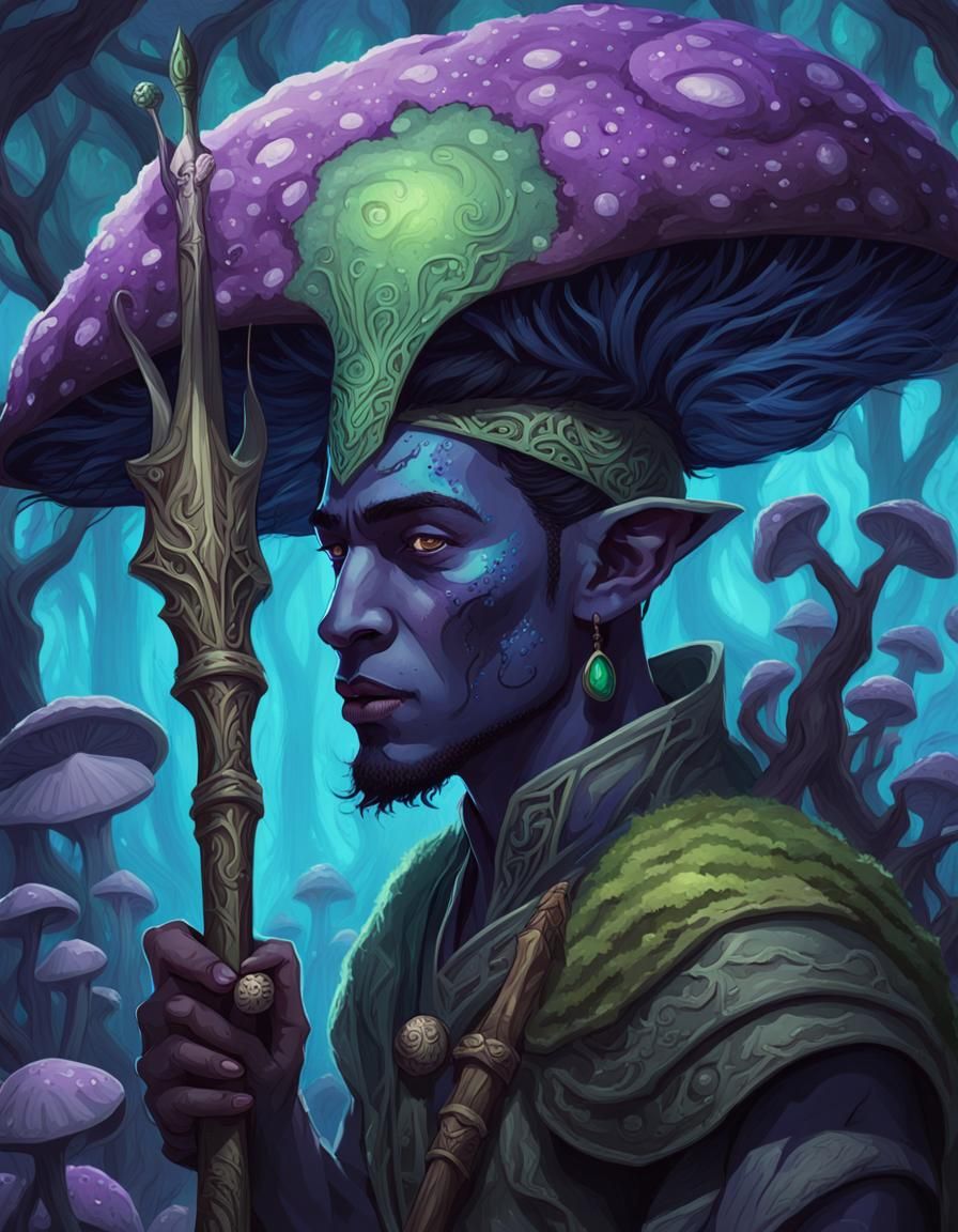 Dark Elf Spores Druid Portrait in Art Nouveau Style