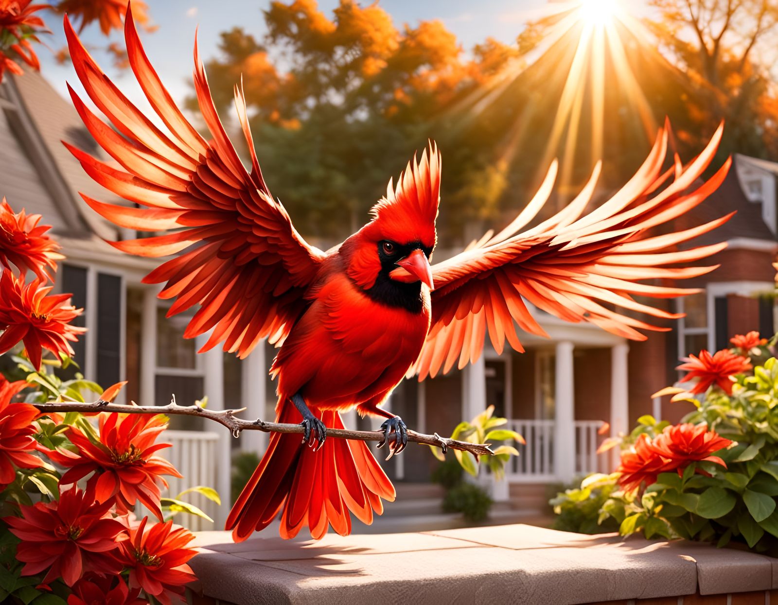 Cardinal in Flight Over Suburbia