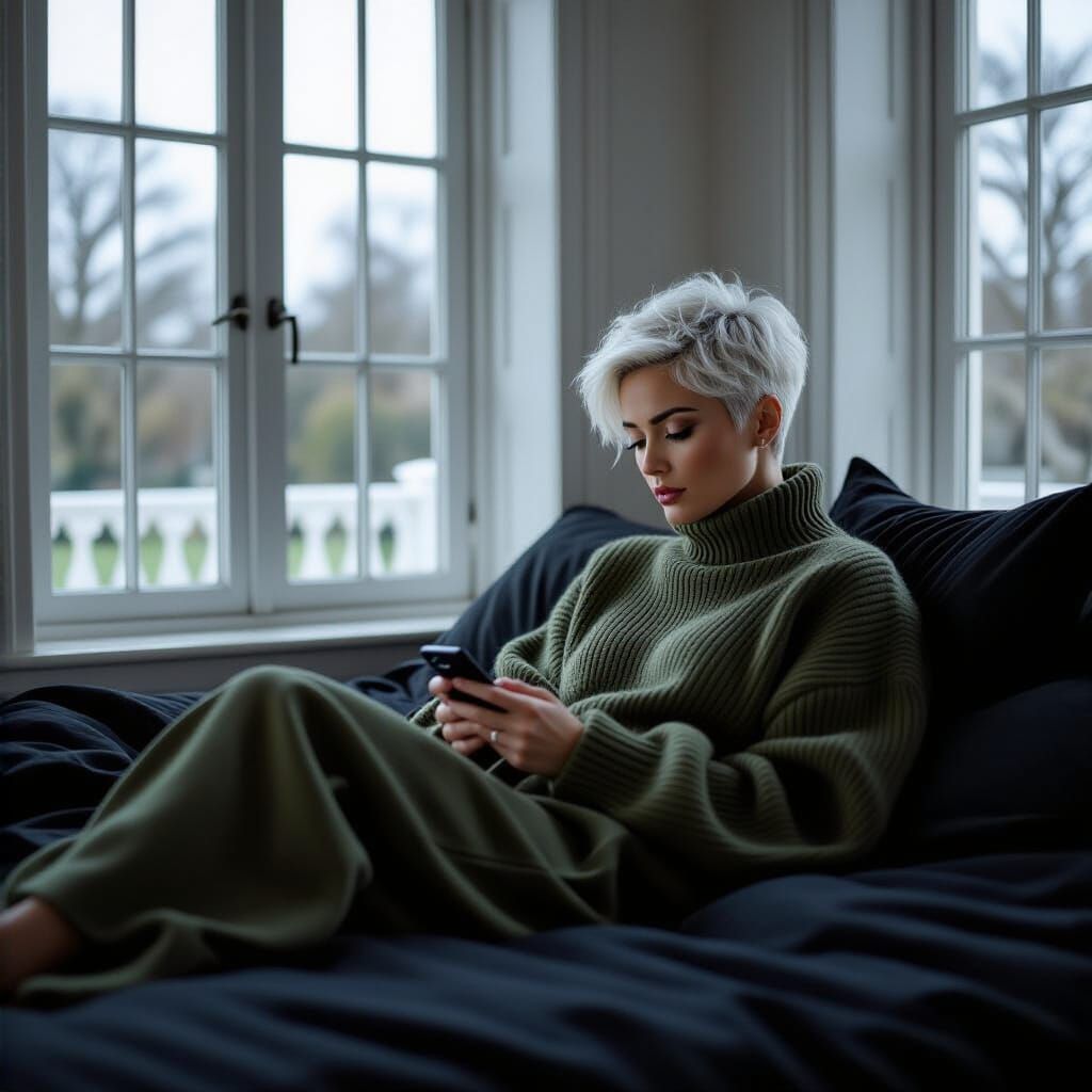 Worried Woman Awaiting Call in Elegant Mansion Setting
