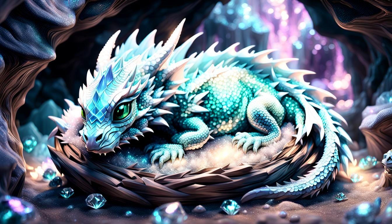 Crystalline Baby Dragon Sleeping in Crystal Cave
