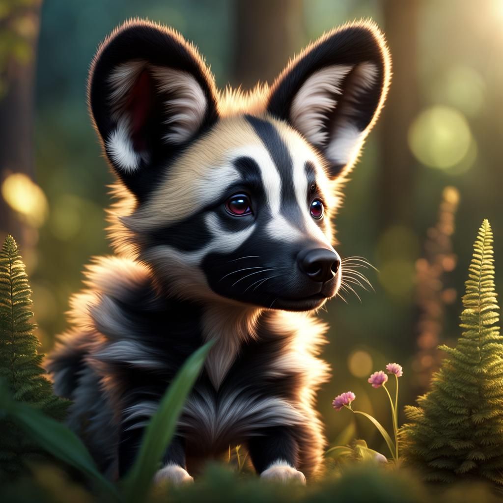 Fluffy Baby African Wild Dog in Dreamy Forest
