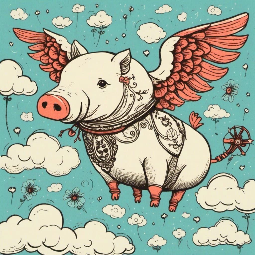 Flying Robot Pig in Clouds: Folk Art Print