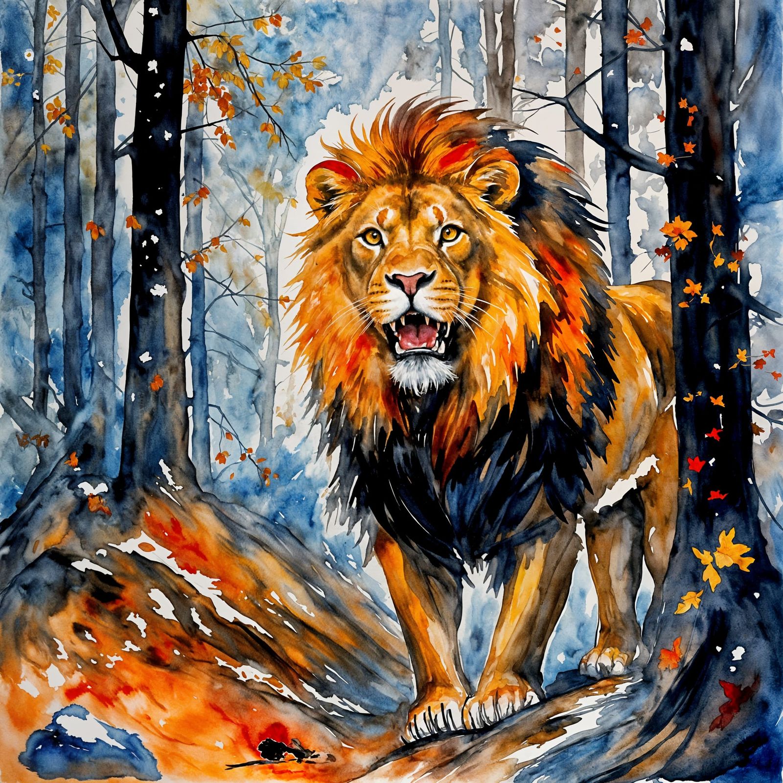 Gothic Watercolor Lion Roaring in Ethereal Forest
