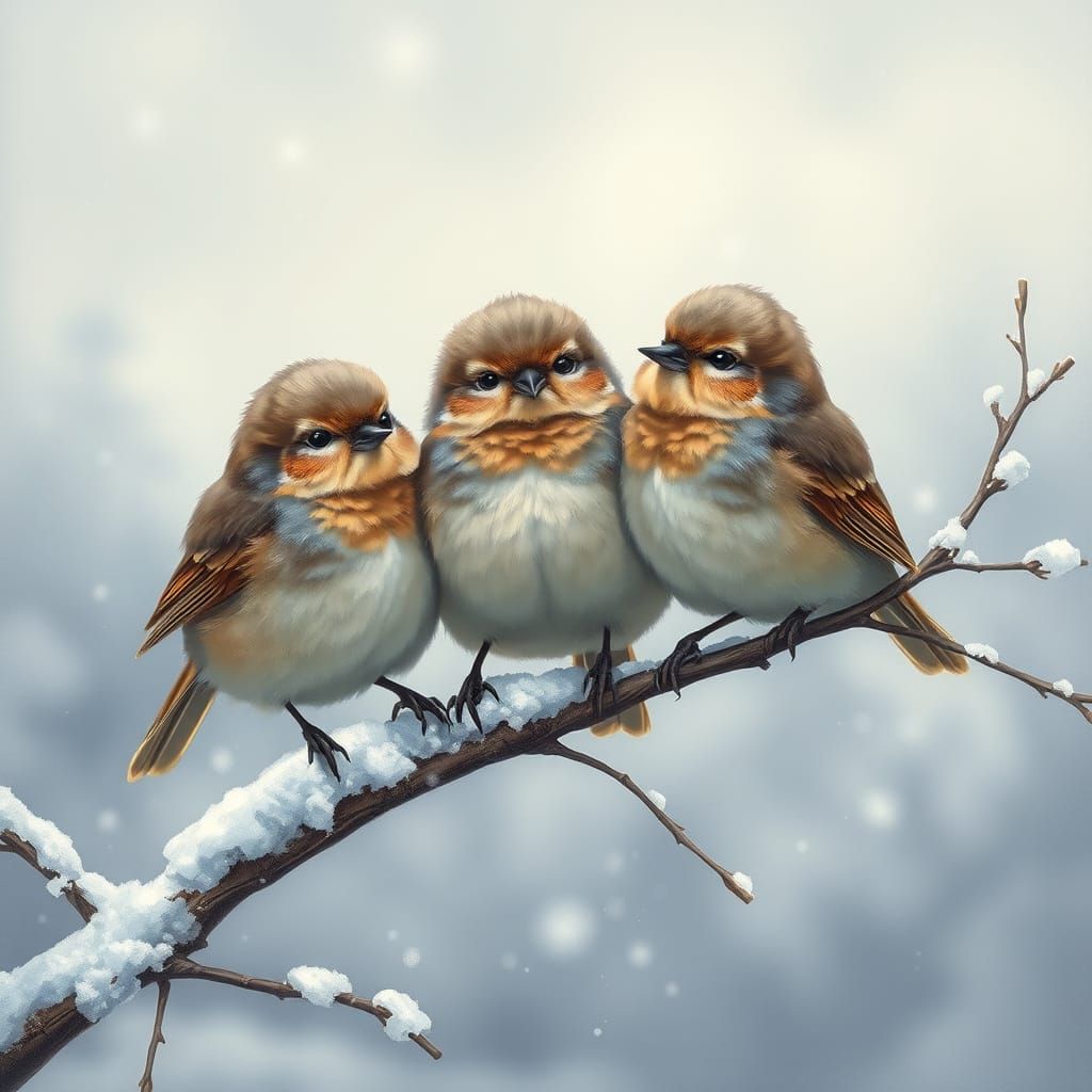 Three charming birds perch on a snowy branch, their fluffy feathers and gentle expressions evoke a sense of winter wonde...