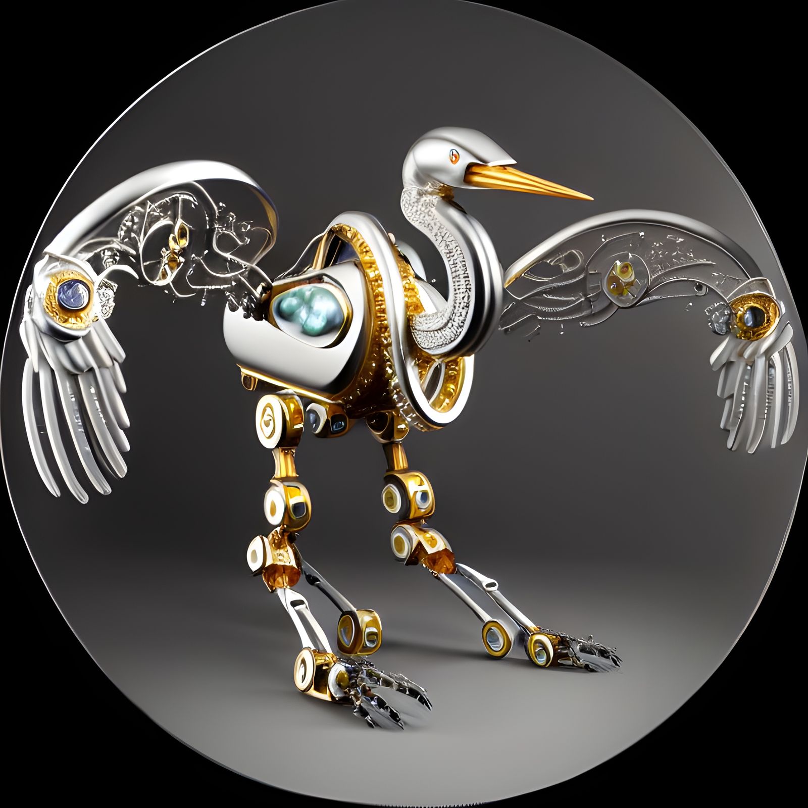 Glistening Robot Heron Sculpture in Precious Metals