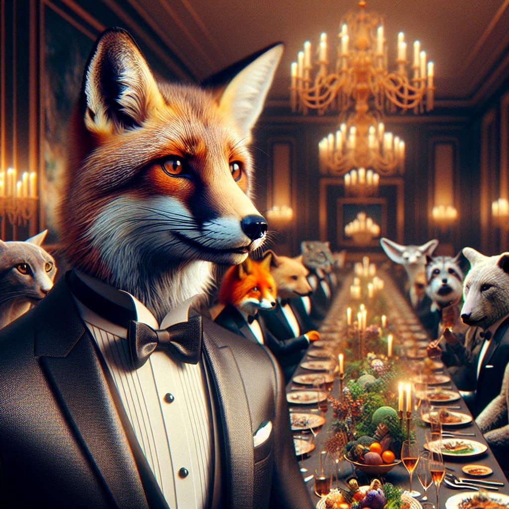 Fox in Tuxedo at Animal Dinner Party