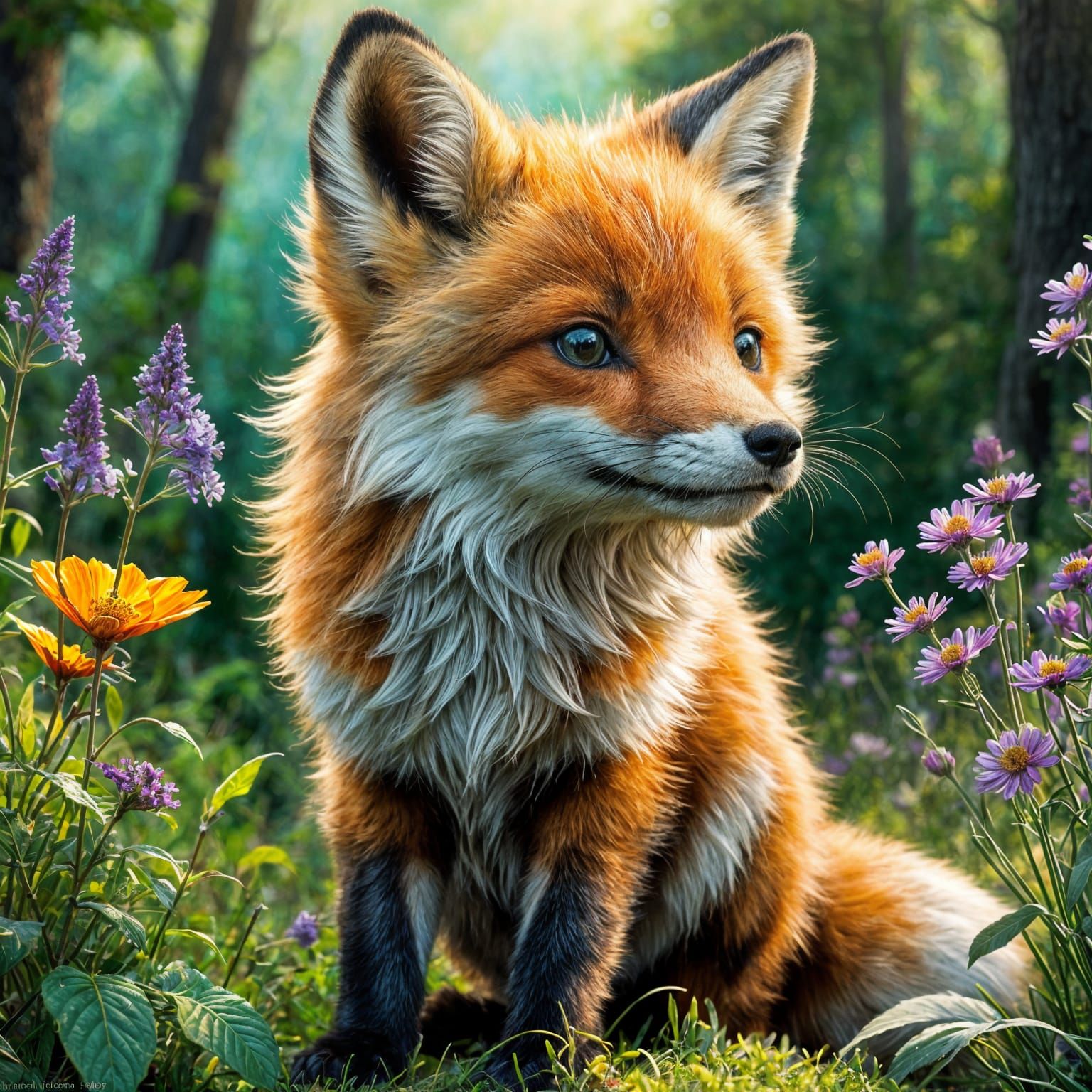 Vibrant Sunset Fox Cub in Wildflower Garden