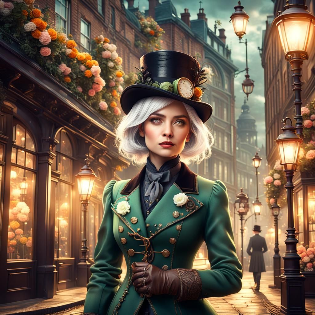 Steampunk Woman in London with Flowers