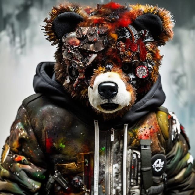 Evil Teddy Bear Mixed-Media Post-Apocalyptic Painting