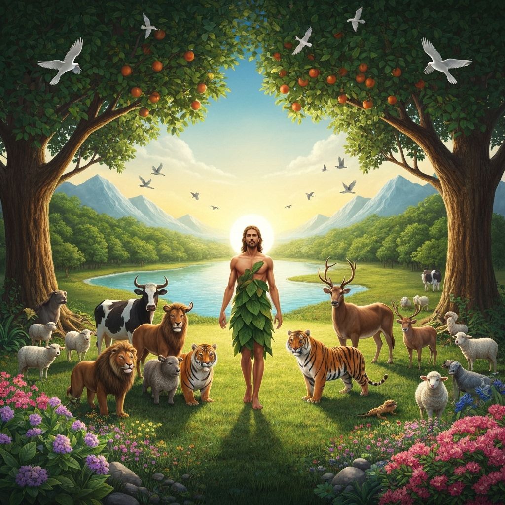 Creation of Animals and First Man in Lush Landscape